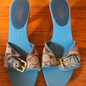Coach Blue and Brown Mules with Signature Print